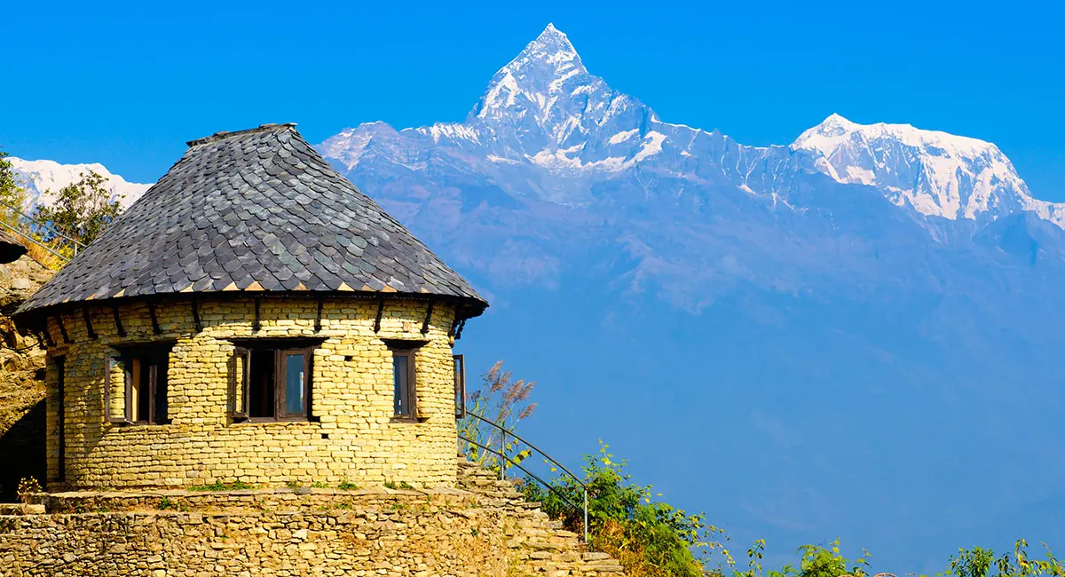 A hut with Mount Everest in background in Nepal